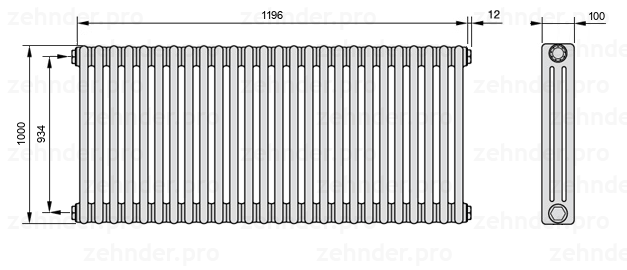 Схема (чертеж) Радиатор Zehnder Charleston 3100/26 №1270 Белый глянцевый RAL 9016